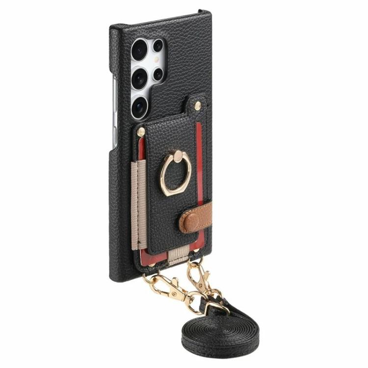 For Samsung Galaxy S26 Ultra 5G Litchi Texture Card Bag Ring Holder Vegan Leather + PC Phone Case with Shoulder Strap