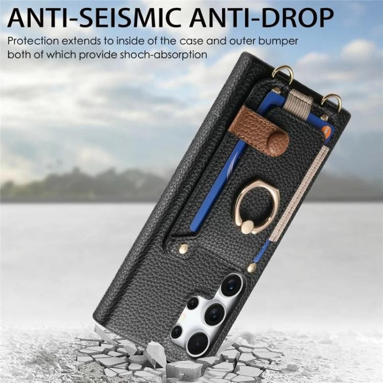 For Samsung Galaxy S26 Ultra 5G Litchi Texture Card Bag Ring Holder Vegan Leather + PC Phone Case with Shoulder Strap