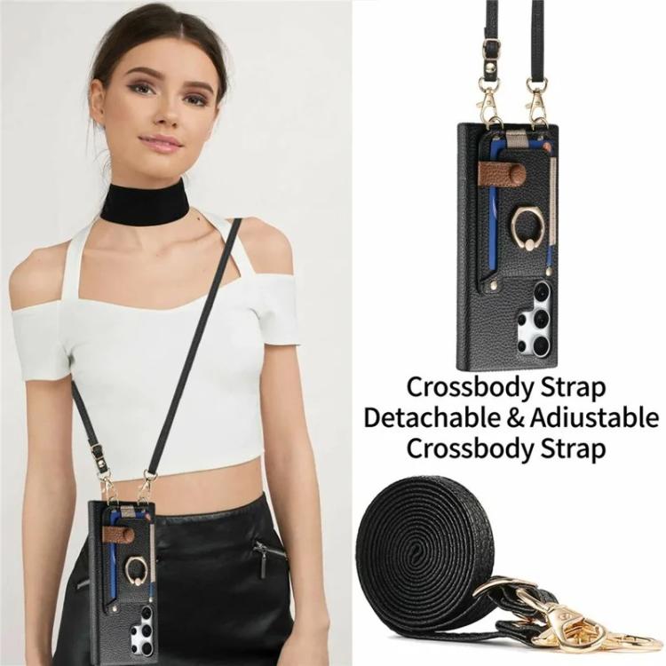 For Samsung Galaxy S26 Ultra 5G Litchi Texture Card Bag Ring Holder Vegan Leather + PC Phone Case with Shoulder Strap