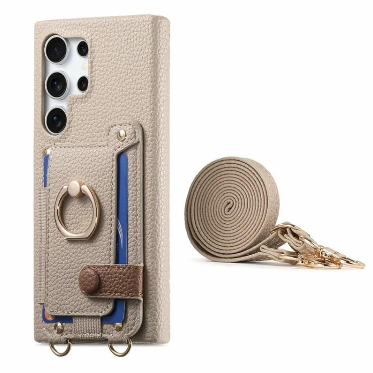 For Samsung Galaxy S26 Ultra 5G Litchi Texture Card Bag Ring Holder Vegan Leather + PC Phone Case with Shoulder Strap