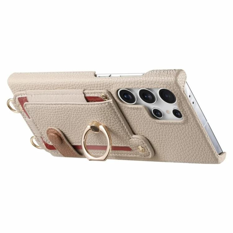 For Samsung Galaxy S26 Ultra 5G Litchi Texture Card Bag Ring Holder Vegan Leather + PC Phone Case with Shoulder Strap