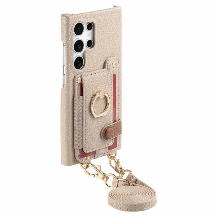 For Samsung Galaxy S26 Ultra 5G Litchi Texture Card Bag Ring Holder Vegan Leather + PC Phone Case with Shoulder Strap