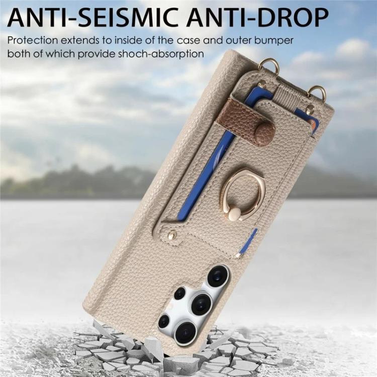 For Samsung Galaxy S26 Ultra 5G Litchi Texture Card Bag Ring Holder Vegan Leather + PC Phone Case with Shoulder Strap