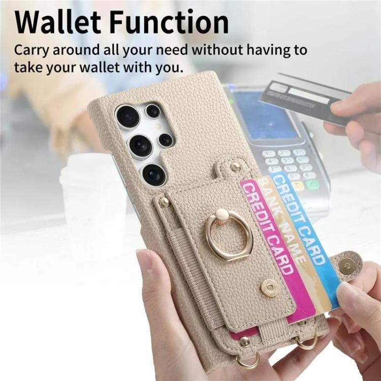 For Samsung Galaxy S26 Ultra 5G Litchi Texture Card Bag Ring Holder Vegan Leather + PC Phone Case with Shoulder Strap