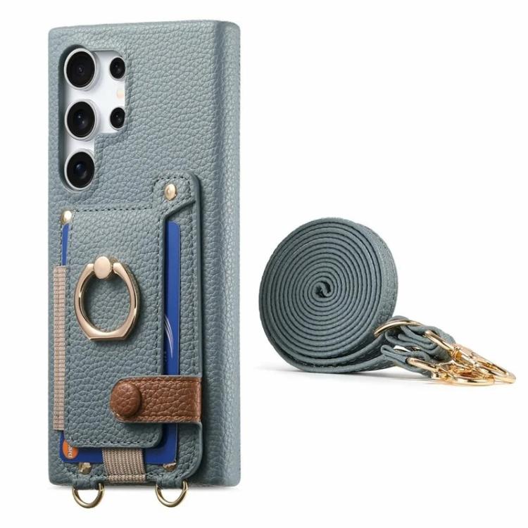 For Samsung Galaxy S26 Ultra 5G Litchi Texture Card Bag Ring Holder Vegan Leather + PC Phone Case with Shoulder Strap