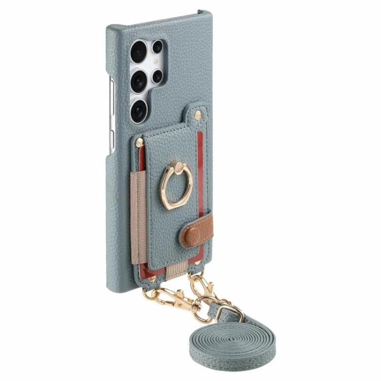 For Samsung Galaxy S26 Ultra 5G Litchi Texture Card Bag Ring Holder Vegan Leather + PC Phone Case with Shoulder Strap