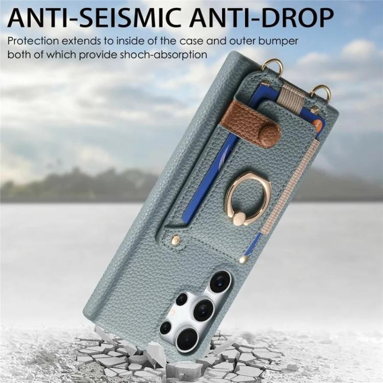 For Samsung Galaxy S26 Ultra 5G Litchi Texture Card Bag Ring Holder Vegan Leather + PC Phone Case with Shoulder Strap
