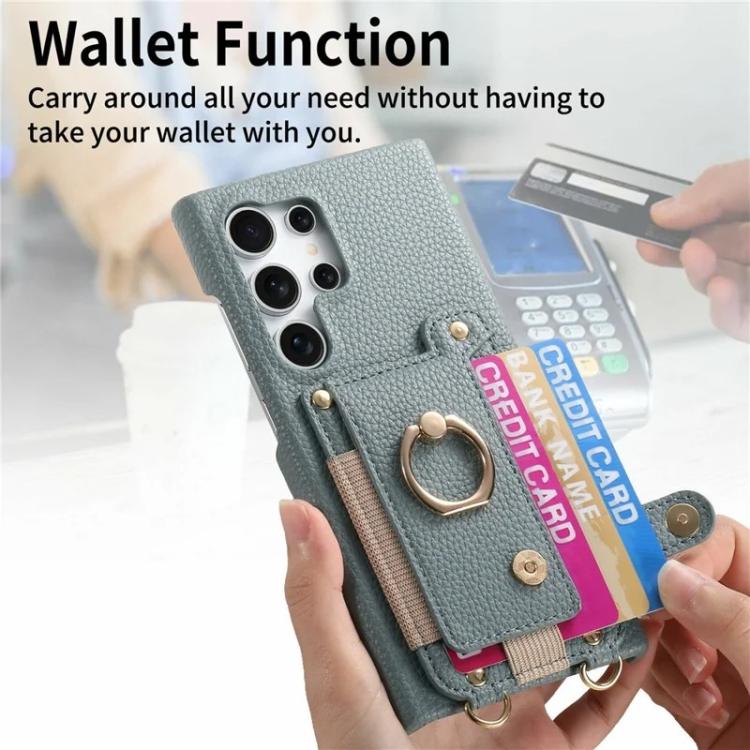 For Samsung Galaxy S26 Ultra 5G Litchi Texture Card Bag Ring Holder Vegan Leather + PC Phone Case with Shoulder Strap