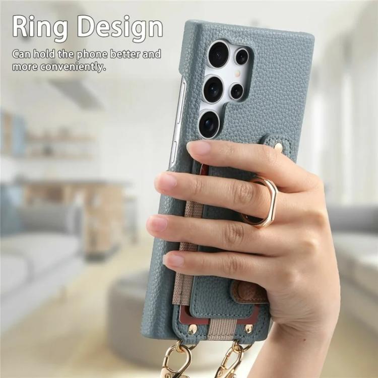 For Samsung Galaxy S26 Ultra 5G Litchi Texture Card Bag Ring Holder Vegan Leather + PC Phone Case with Shoulder Strap