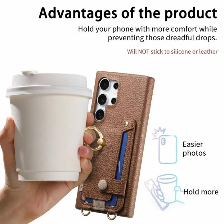 For Samsung Galaxy S26 Ultra 5G Litchi Texture Card Bag Ring Holder Vegan Leather + PC Phone Case with Shoulder Strap