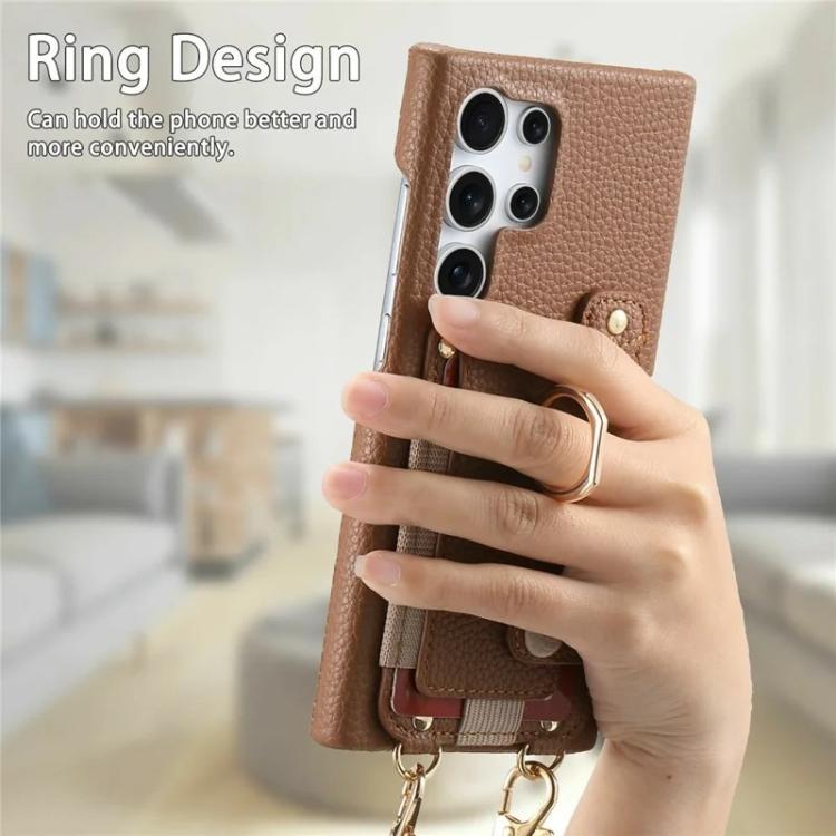 For Samsung Galaxy S26 Ultra 5G Litchi Texture Card Bag Ring Holder Vegan Leather + PC Phone Case with Shoulder Strap
