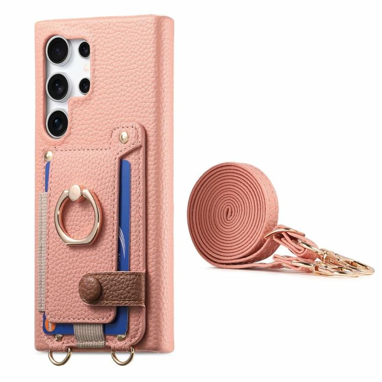 For Samsung Galaxy S26 Ultra 5G Litchi Texture Card Bag Ring Holder Vegan Leather + PC Phone Case with Shoulder Strap