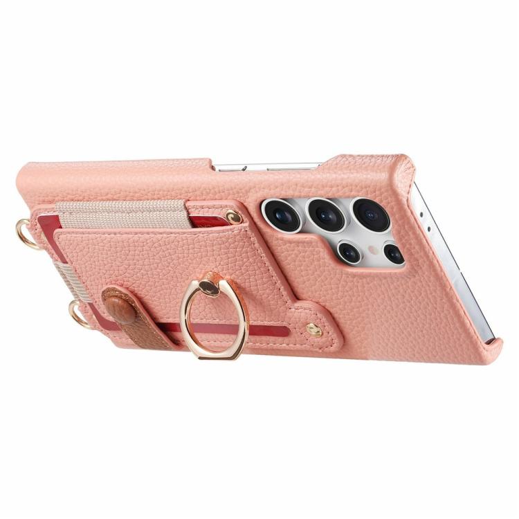For Samsung Galaxy S26 Ultra 5G Litchi Texture Card Bag Ring Holder Vegan Leather + PC Phone Case with Shoulder Strap