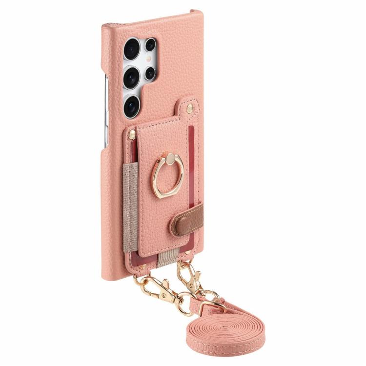 For Samsung Galaxy S26 Ultra 5G Litchi Texture Card Bag Ring Holder Vegan Leather + PC Phone Case with Shoulder Strap