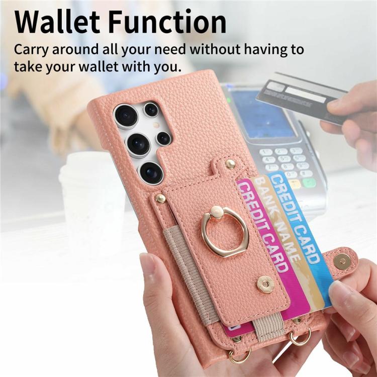 For Samsung Galaxy S26 Ultra 5G Litchi Texture Card Bag Ring Holder Vegan Leather + PC Phone Case with Shoulder Strap