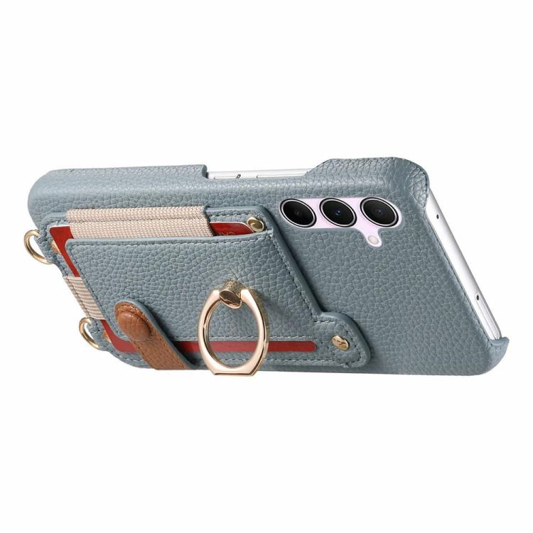 For Samsung Galaxy S26+ 5G Litchi Texture Card Bag Ring Holder Vegan Leather + PC Phone Case with Shoulder Strap