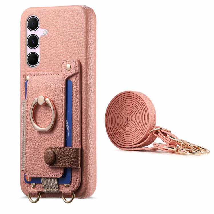 For Samsung Galaxy S26+ 5G Litchi Texture Card Bag Ring Holder Vegan Leather + PC Phone Case with Shoulder Strap