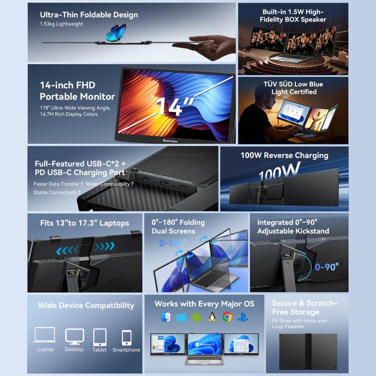 [HK Warehouse] Blackview DCM5 14 inch Dual Monitor Portable Laptop Screen Extender with Speaker - Black