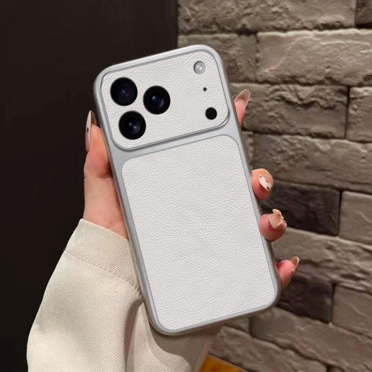 For iPhone 17 Pro Large Window Leather Textured Coated TPU Phone Case - White