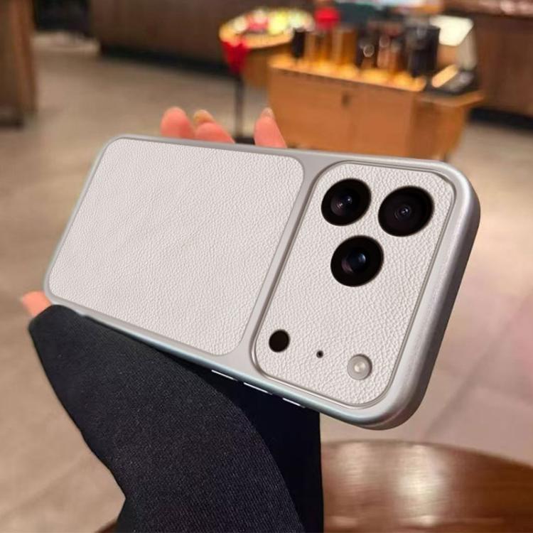 For iPhone 17 Pro Large Window Leather Textured Coated TPU Phone Case - White
