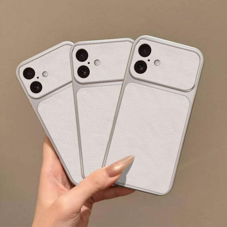 For iPhone 16 Large Window Leather Textured Coated TPU Phone Case - White