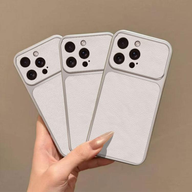 For iPhone 15 Pro Large Window Leather Textured Coated TPU Phone Case - White