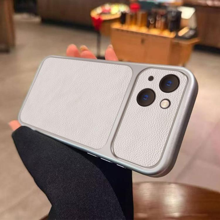 For iPhone 15 Plus Large Window Leather Textured Coated TPU Phone Case - White