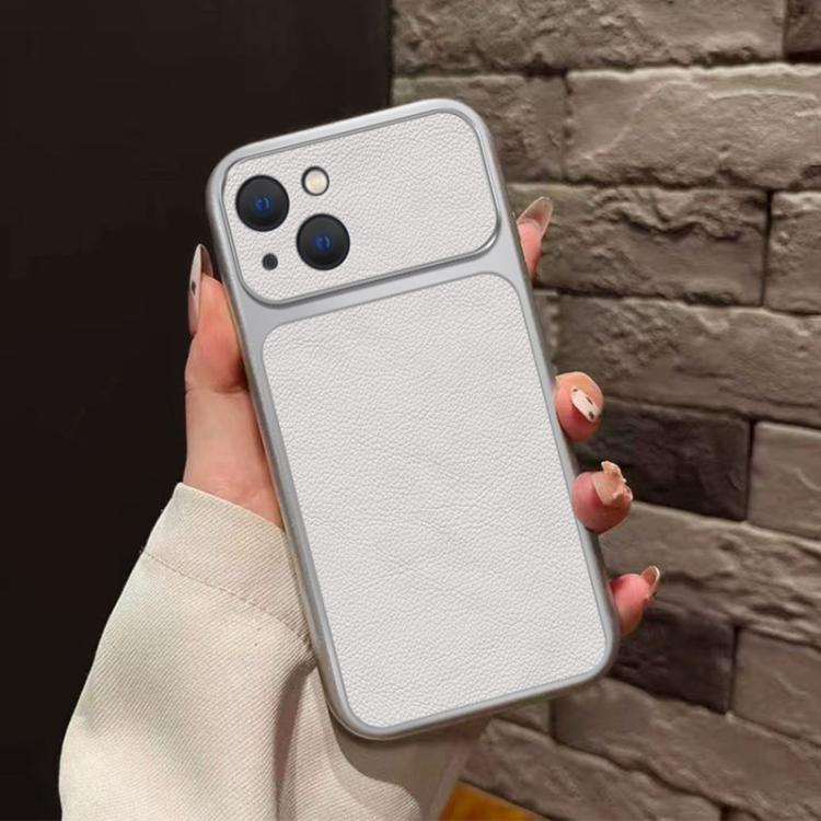 For iPhone 14 Plus Large Window Leather Textured Coated TPU Phone Case - White