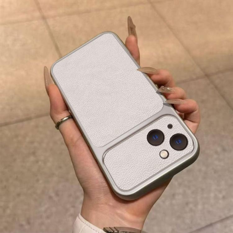 For iPhone 14 Large Window Leather Textured Coated TPU Phone Case - White