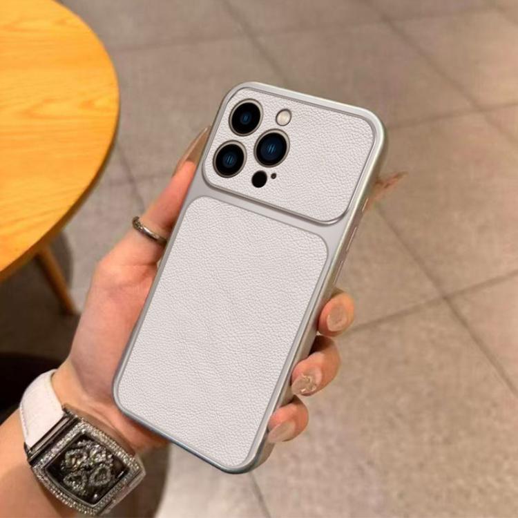 For iPhone 14 Pro Large Window Leather Textured Coated TPU Phone Case - White