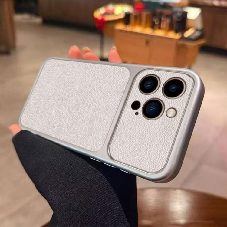 For iPhone 14 Pro Max Large Window Leather Textured Coated TPU Phone Case - White