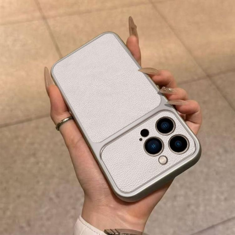 For iPhone 13 Pro Max Large Window Leather Textured Coated TPU Phone Case - White