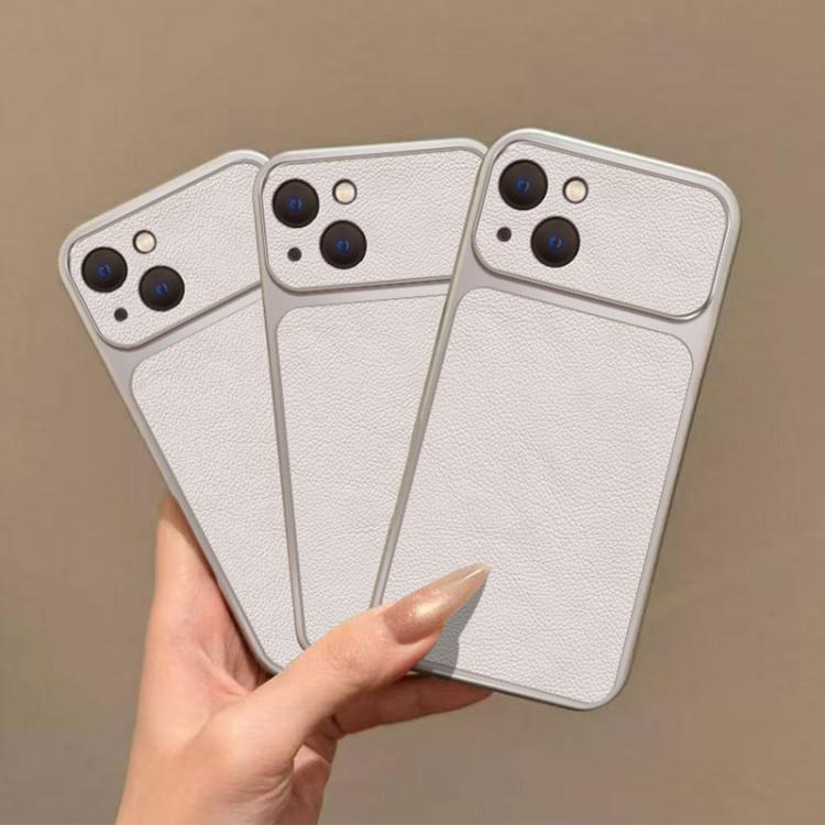 For iPhone 13 Large Window Leather Textured Coated TPU Phone Case - White