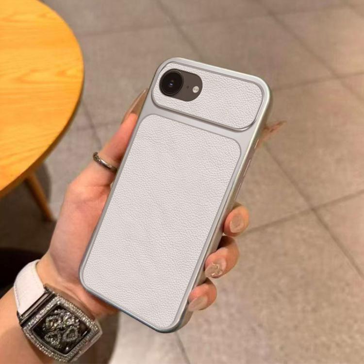 For iPhone 17e / 16e Large Window Leather Textured Coated TPU Phone Case - White
