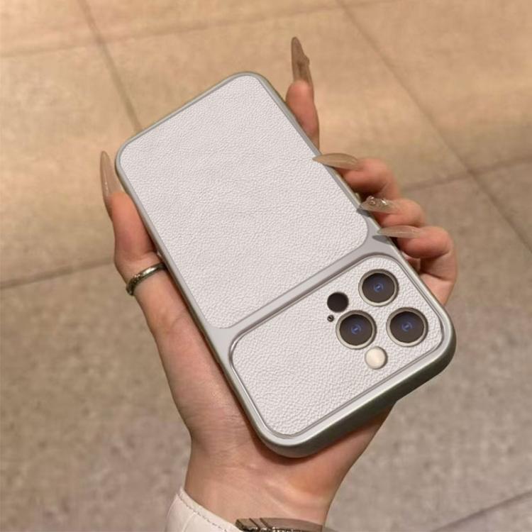For iPhone 12 Pro Max Large Window Leather Textured Coated TPU Phone Case - White