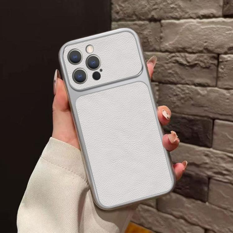 For iPhone 12 Pro Large Window Leather Textured Coated TPU Phone Case - White