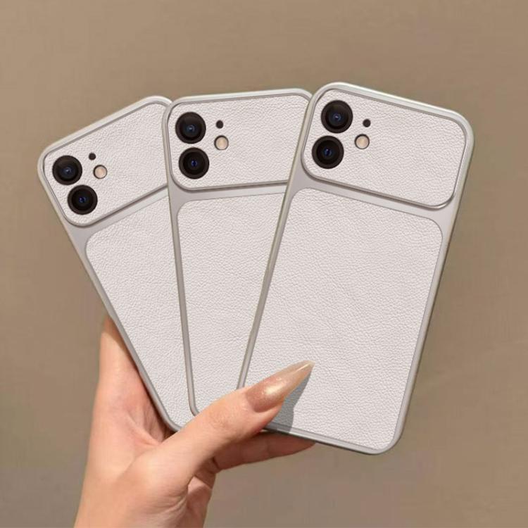 For iPhone 11 Large Window Leather Textured Coated TPU Phone Case - White