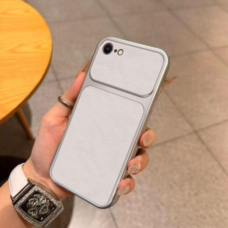 For iPhone SE 2022 / 8 / 7 Large Window Leather Textured Coated TPU Phone Case - White