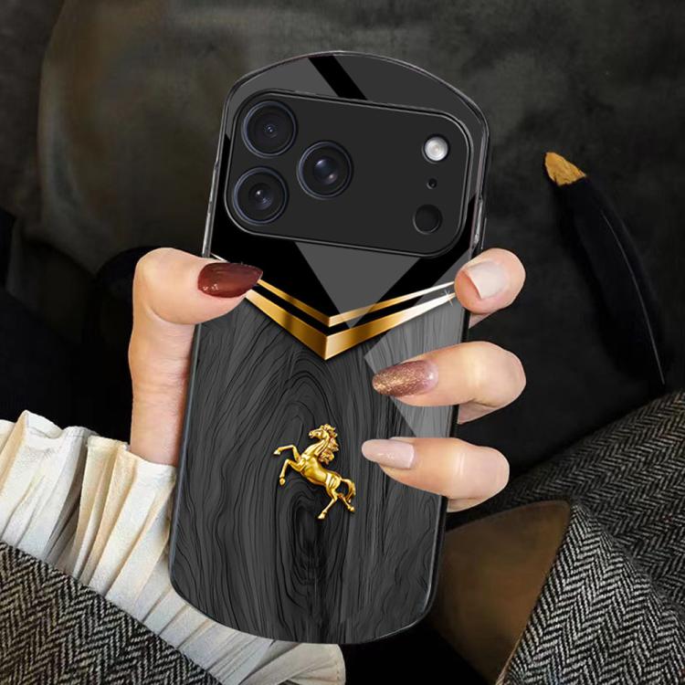 For iPhone 17 Pro Wood Texture Golden Horse Pattern TPU + PC + Tempered Glass Phone Case