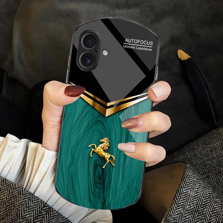 For iPhone 17 Wood Texture Golden Horse Pattern TPU + PC + Tempered Glass Phone Case