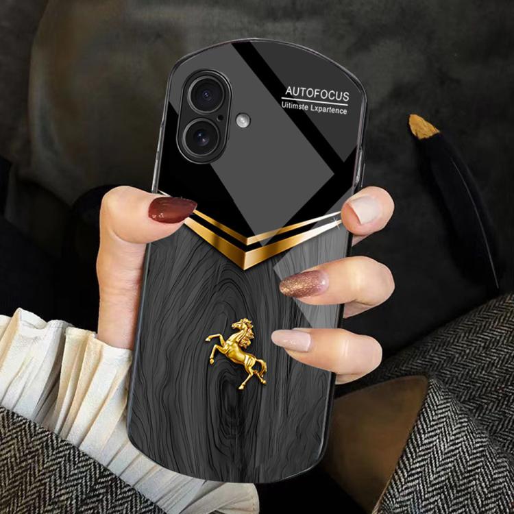 For iPhone 16 Wood Texture Golden Horse Pattern TPU + PC + Tempered Glass Phone Case