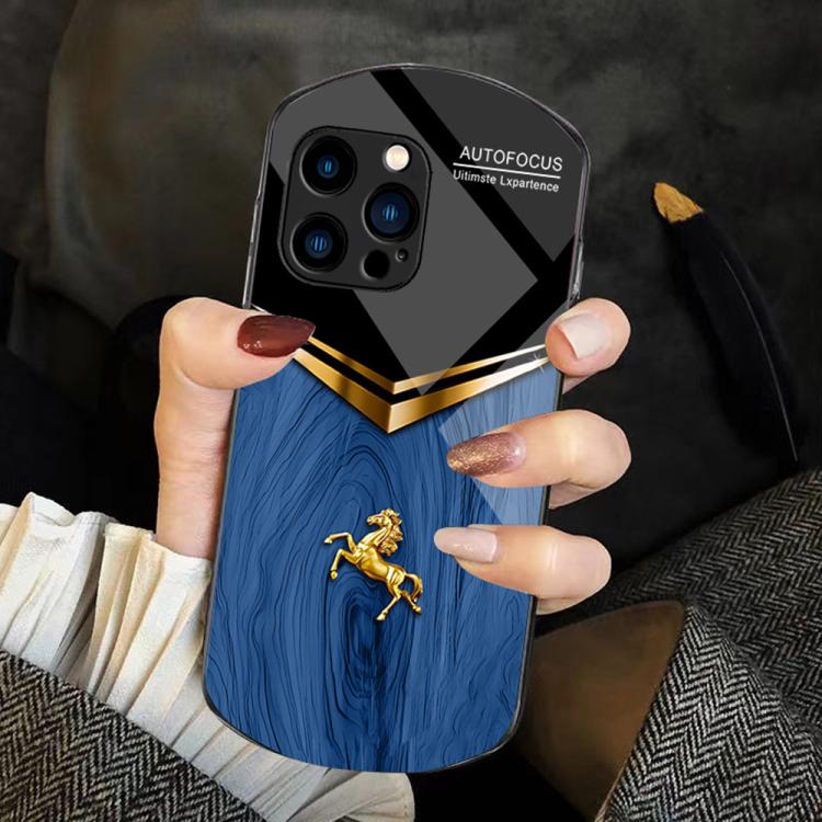 For iPhone 15 Pro Wood Texture Golden Horse Pattern TPU + PC + Tempered Glass Phone Case