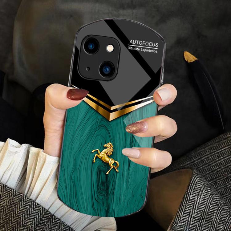 For iPhone 15 Plus Wood Texture Golden Horse Pattern TPU + PC + Tempered Glass Phone Case