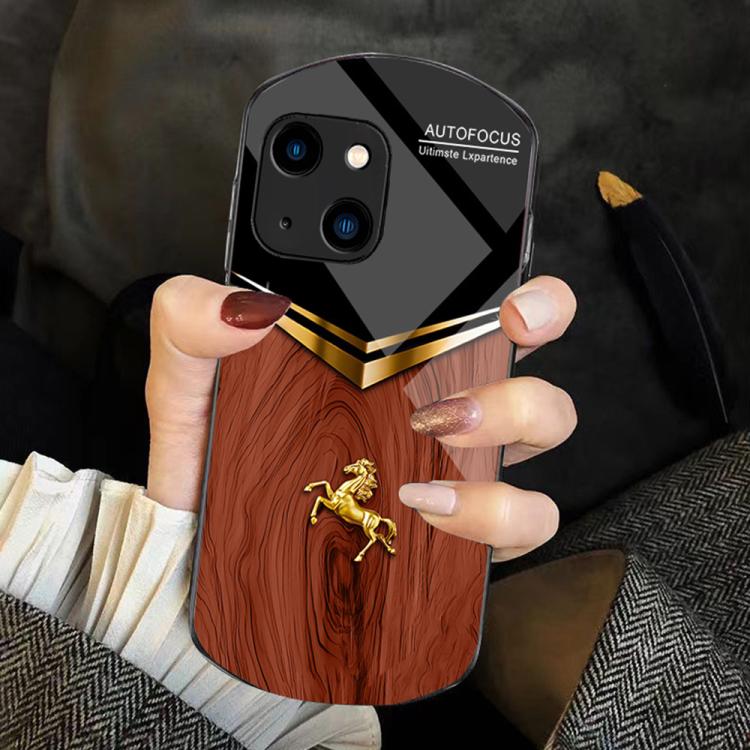 For iPhone 15 Wood Texture Golden Horse Pattern TPU + PC + Tempered Glass Phone Case