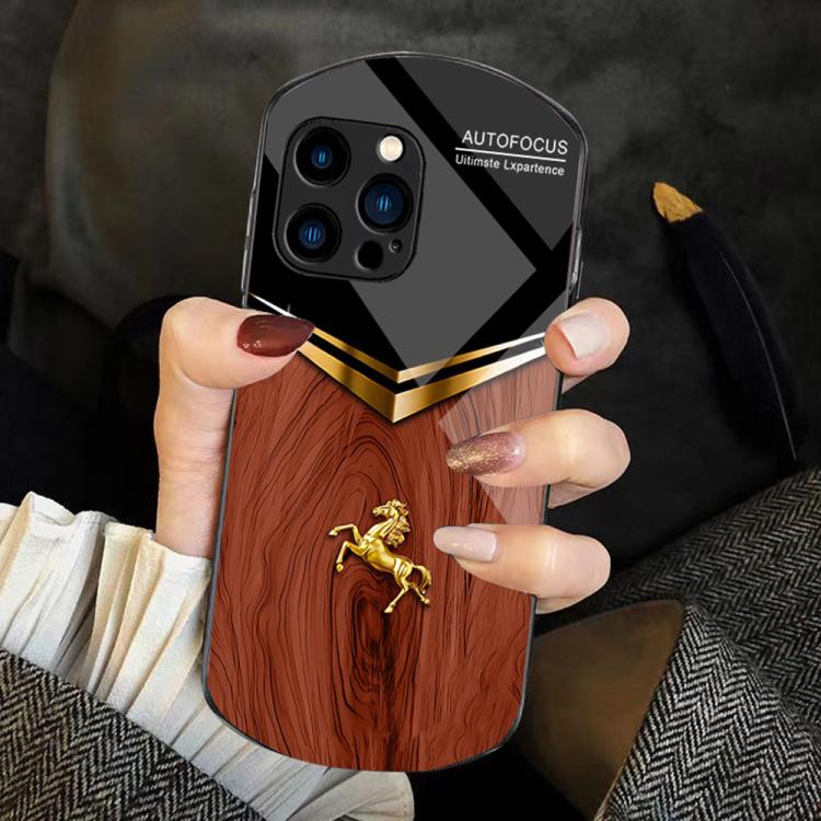 For iPhone 14 Pro Wood Texture Golden Horse Pattern TPU + PC + Tempered Glass Phone Case