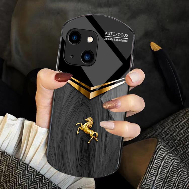 For iPhone 13 Wood Texture Golden Horse Pattern TPU + PC + Tempered Glass Phone Case