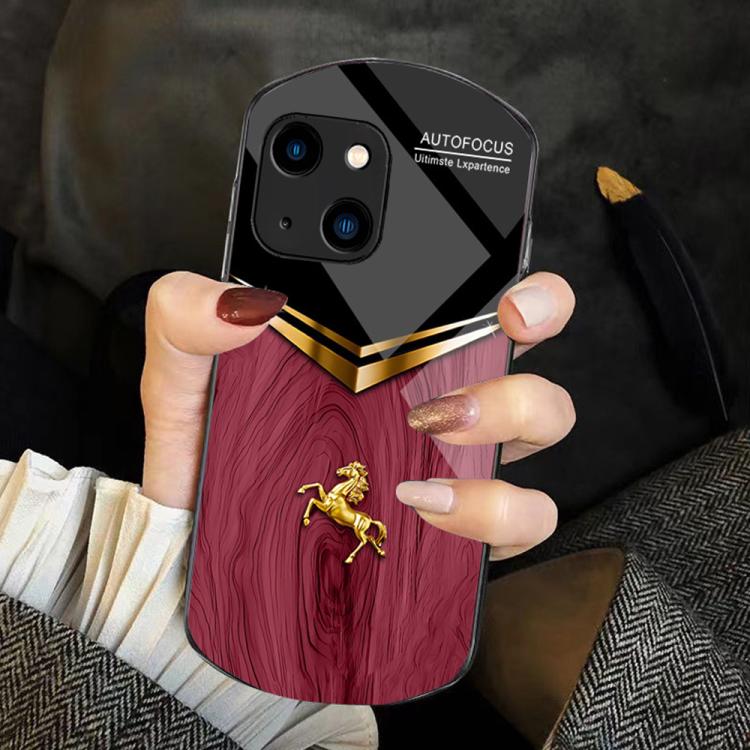 For iPhone 13 Wood Texture Golden Horse Pattern TPU + PC + Tempered Glass Phone Case