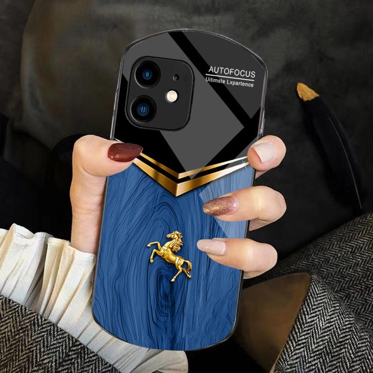 For iPhone 12 Wood Texture Golden Horse Pattern TPU + PC + Tempered Glass Phone Case