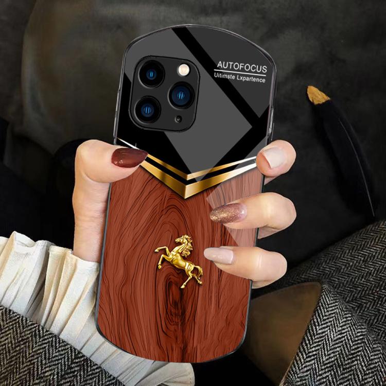 For iPhone 11 Pro Max Wood Texture Golden Horse Pattern TPU + PC + Tempered Glass Phone Case