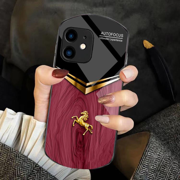 For iPhone 11 Wood Texture Golden Horse Pattern TPU + PC + Tempered Glass Phone Case